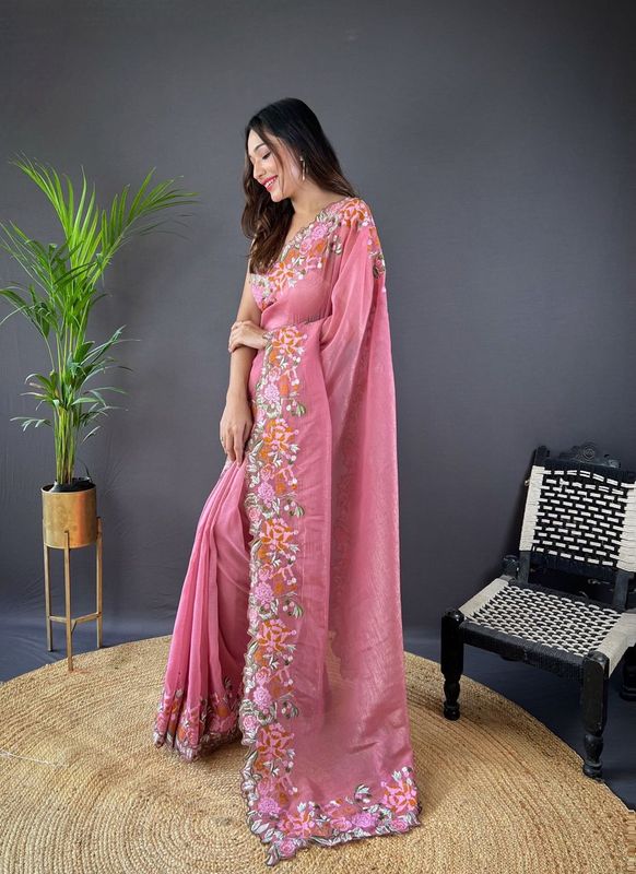 Pink Cross Stich Embroidery Cut Work Glossy Silk Saree