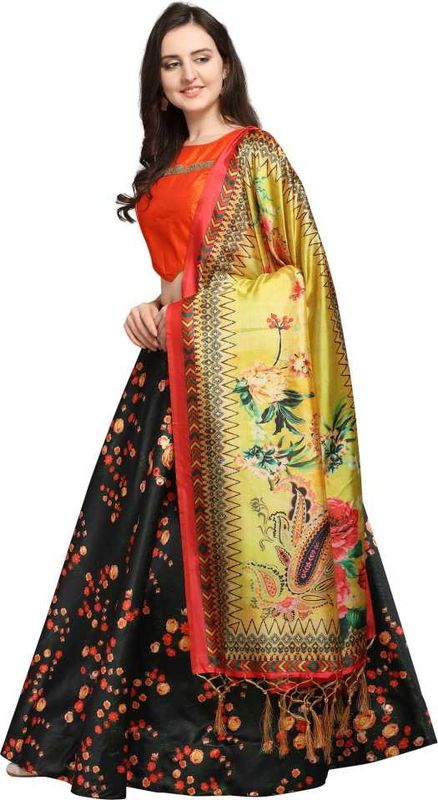 Bandhni Patola Type Digital Print Shiney Satin Croptop Lehenga Choli With Blouse For Women and Girls