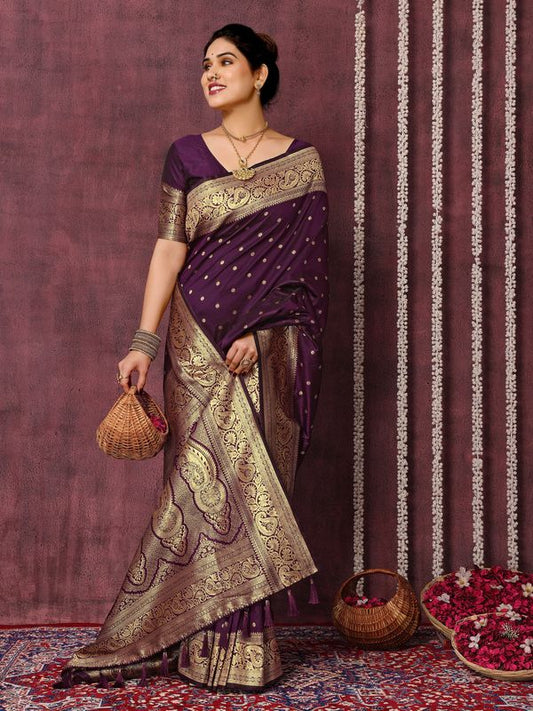 Wine Wevon Jari Designer Work Silk Blend Saree