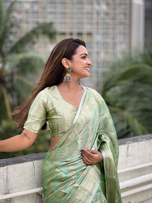 Green Color Tissue Silk Saree With Weaving Jari Meenakari Designer Looks