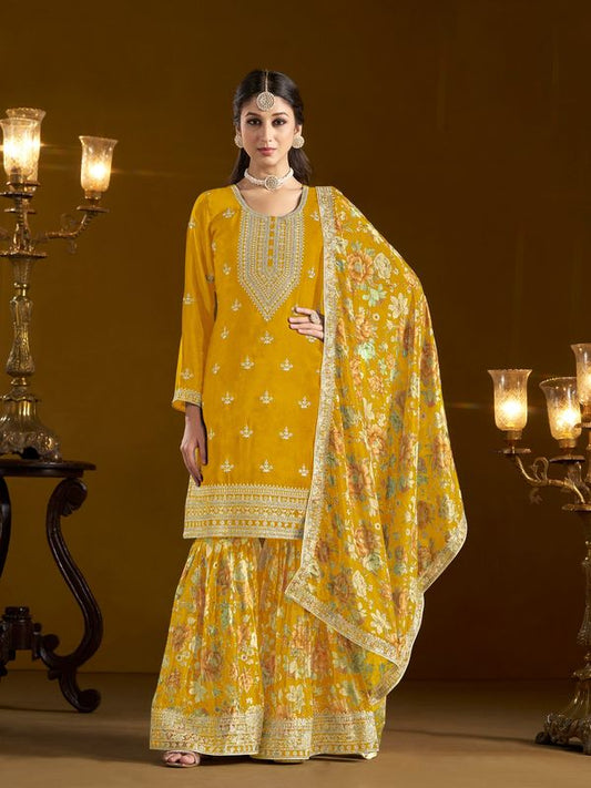 Yellow Color Beautiful Designer Printed Palazzo Dress With Embroidery Work For Pretty Graceful Wedding Looks