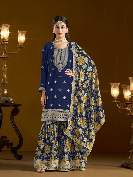 Blue Color Beautiful Designer Printed Palazzo Dress With Embroidery Work For Pretty Graceful Wedding Looks