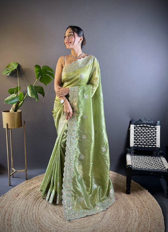 Green Sequance & Thread Embroidery & Cut Work Gold Crunchy Saree