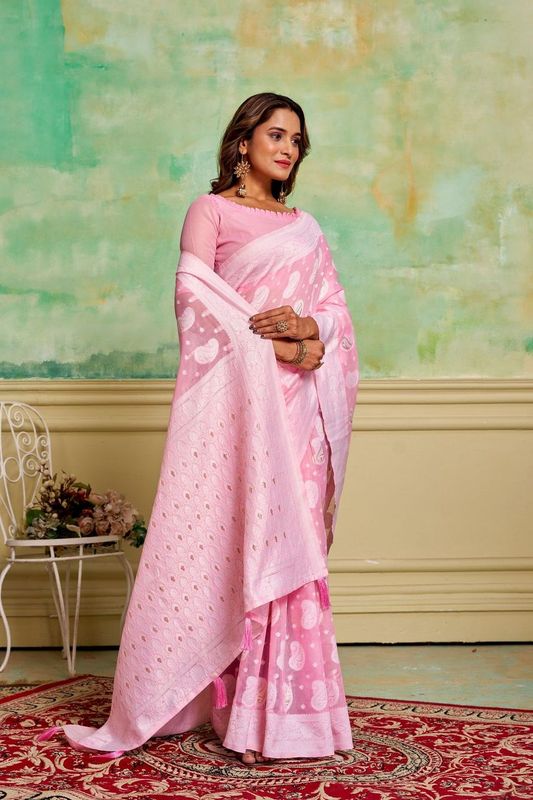 Pink Color Cotton Fabric Wevon Designer Ethnic Festive Wear Saree