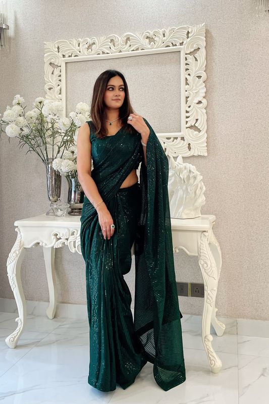 Green Georgette Heavy Sequance Embroidery Work Bollywood Party Style Celebrity Style Girlie Fancy Saree