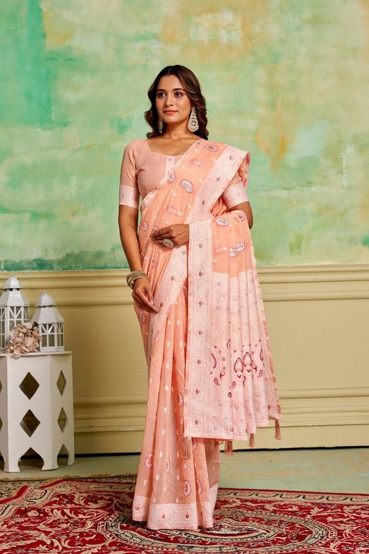 Peach Color Cotton Fabric Wevon Designer Ethnic Festive Wear Saree