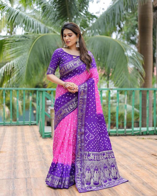 Pink Wevon Designer & Bhandej Printed Dola Silk Saree