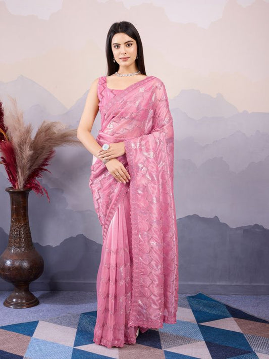 Pink Twill Net Designer Sequins Embroidery Work Bollywood Style Partywear Saree