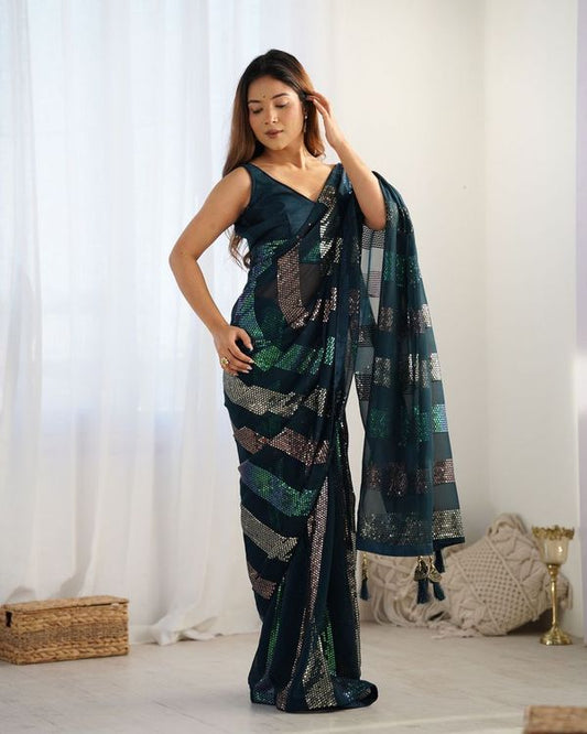 Teal Blue Designer Sequance Embroidery Work Georgette Saree