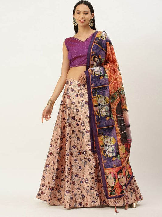 Digital Print Satin Silk Fabric Stitched Lehenga Choli With Jequared Blouse and Assami Silk Thread Work Dupatta For Women and Girls In Festive Party And Traditional Wear