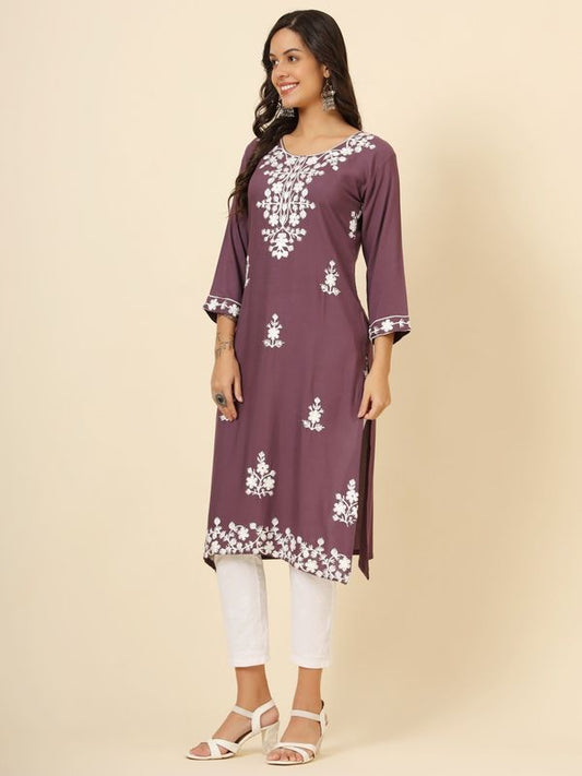 Mauve Liva Rayon Chickenkari Thread Embroidery Work Formal Looks Indian Ethnic Kurta