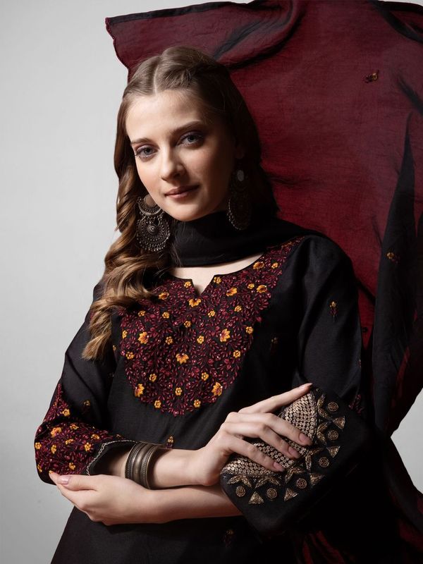 Black Color Cotton Blend Readymade Dress With Designer Embroidery Work