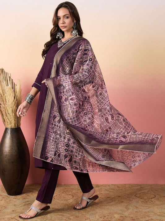 Purple Color Rich Looks Hand Woven Readymade Dress With Sophisticated Embroidery Work