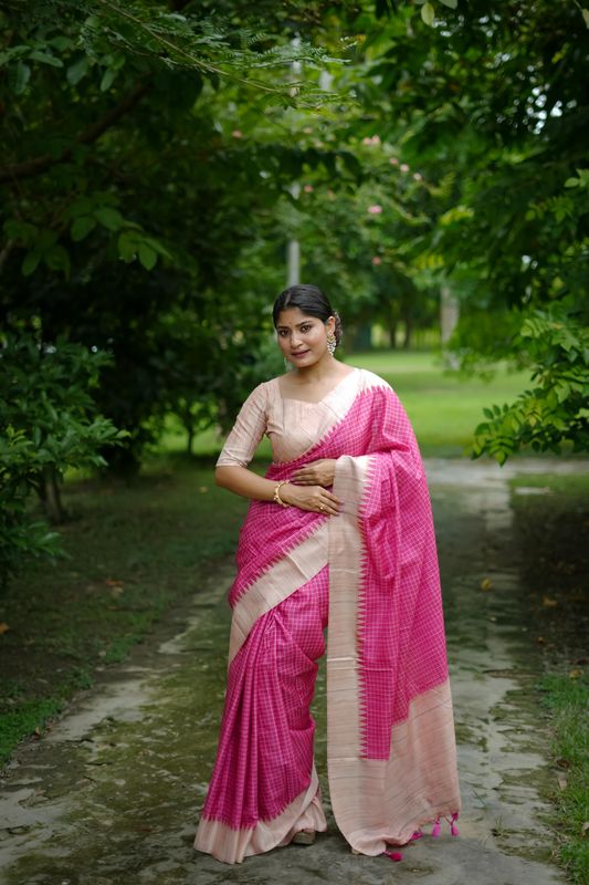 Pink Color Wevon Kantha Designer Tussare Silk Saree With Printed Design