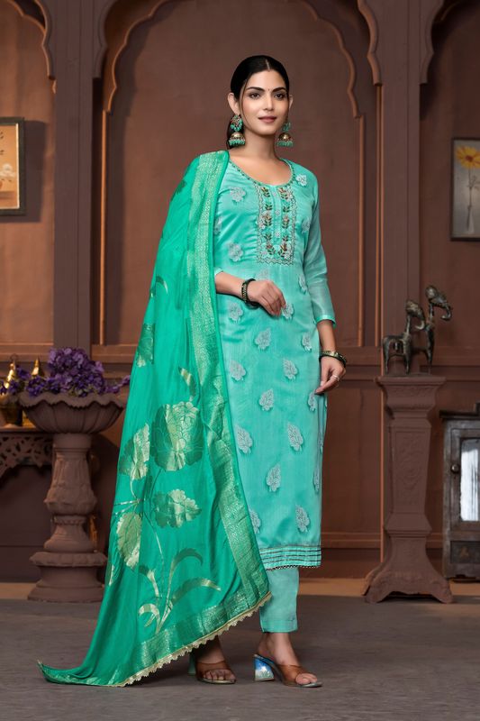 Sea Green Color Modal  Fabric Wevon Designer With Hand Work For Beautiful Ethnic Looks Designer Wedding Wear