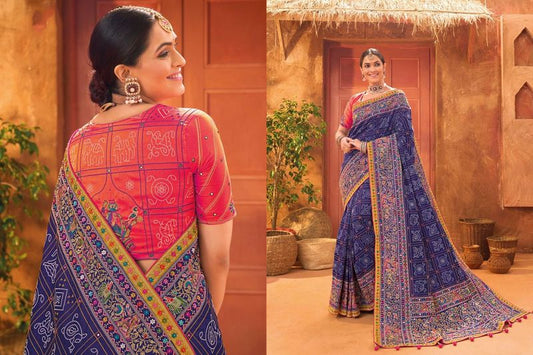 Blue Wevon Designer & Real Mirror & Diamond & Kachhi Work Banaras Silk Saree