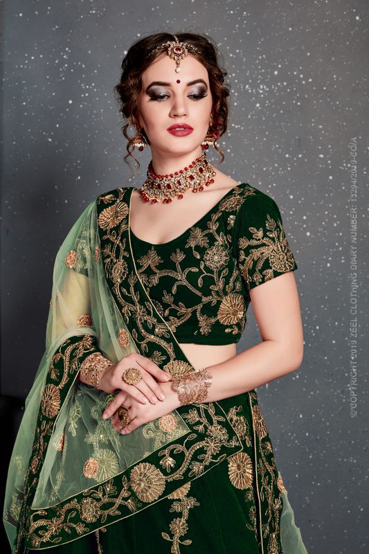 Dark Green Women's Velvet Embroidery Lehenga Choli