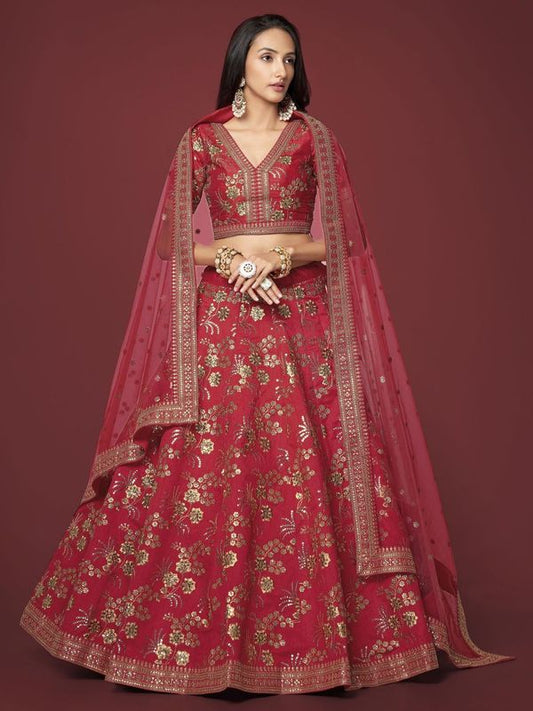 Red Women's Slub Silk Embroidery Lehenga Choli