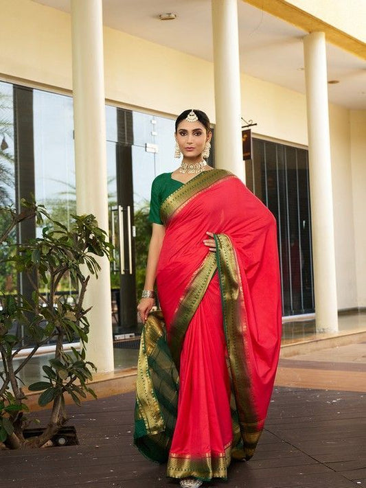 Pink Crepe Woven Saree and Stitched Green Blouse