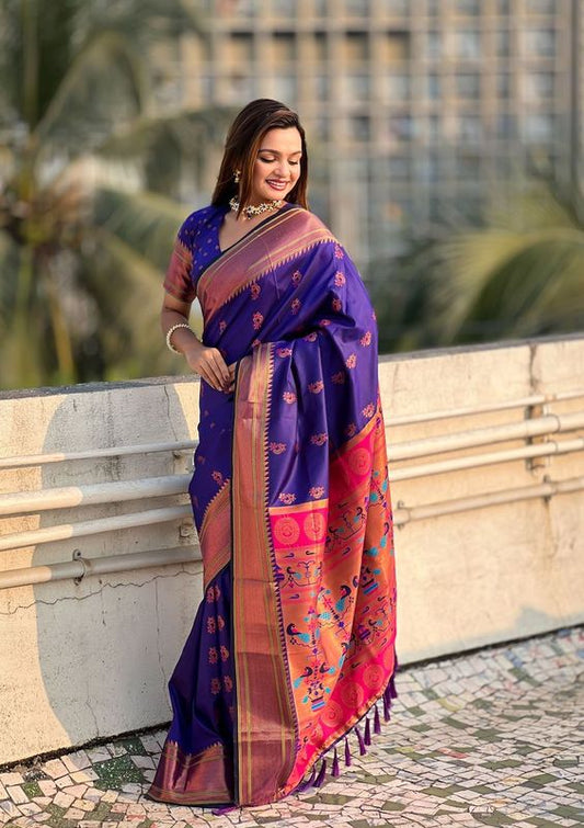 Violet Color Soft  Silk Fabric Graceful Wevon Nath Meenakari Designer Saree