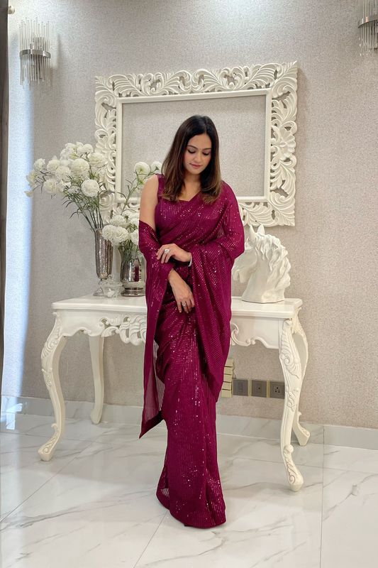 Wine Georgette Heavy Sequance Embroidery Work Bollywood Party Style Celebrity Style Girlie Fancy Saree