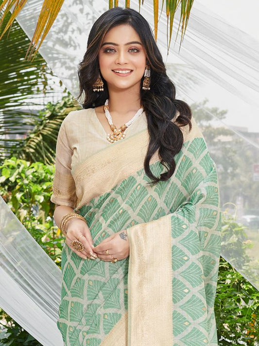 Green Wevon & Designer Printed Cotton Saree