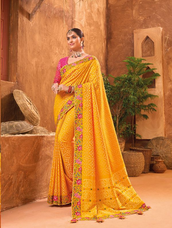 Musturd Wevon Designer & Real Mirror & Diamond & Kachhi Work Banaras Silk Saree