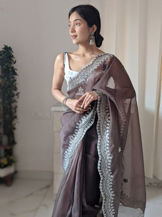 Brown Sequance Embroidery & Hand Work Organza Saree