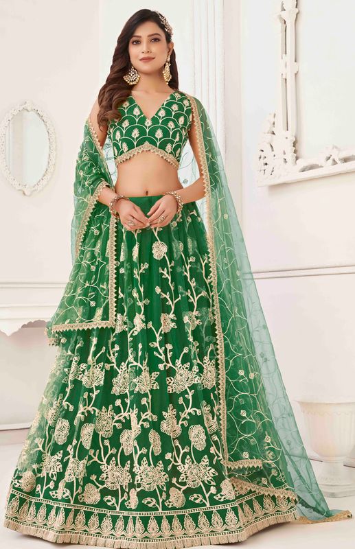 P.Green  Color Net With Sequins And Thread Embroidery Work -Stitched Lehenga & Unstitched Blouse With Dupatta