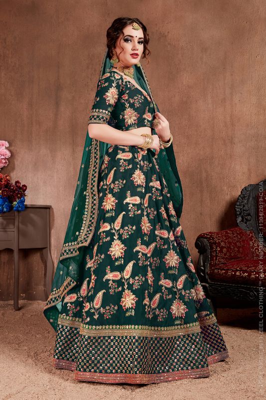 Dark Green Women's Taffeta Silk Embroidery Lehenga Choli