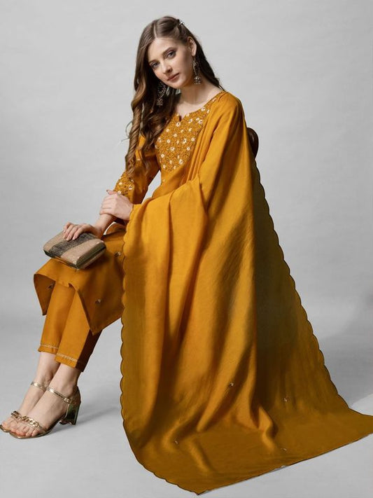 Mustard Color Cotton Blend Readymade Dress With Designer Embroidery Work