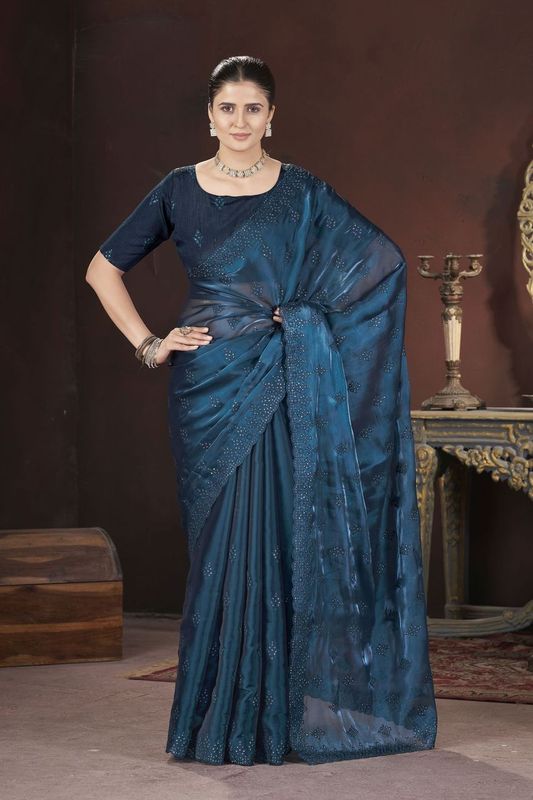 Teal Blue Sequance & Thread Embroidery Work Jimmy Choo Saree