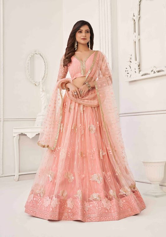 Peach Color Net Fabric Lehenga With Sequins And Thread Embroidery Work