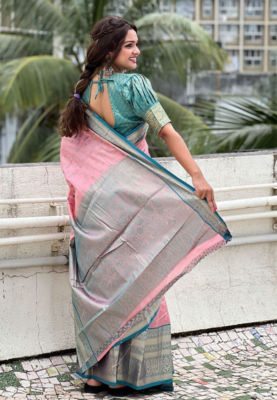 Pink Wevon Jari Designer Tissue Silk Saree
