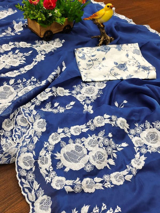 Blue Thread Embroidery & Cut Dana Work Thai Organza Silk Saree