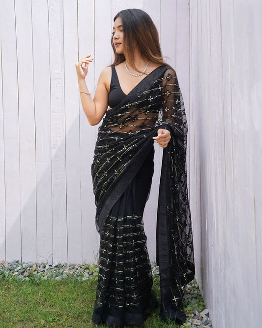 Black Thread & Sequance Embroidery & Diamond Work Butterfly Net Saree