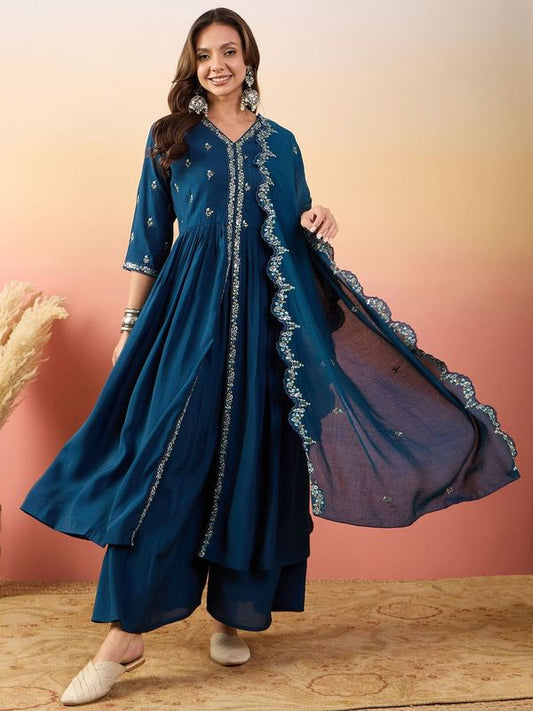 Blue Color Beautiful Woven Silk Readymade Suit with Festive Thread Embroidery Work