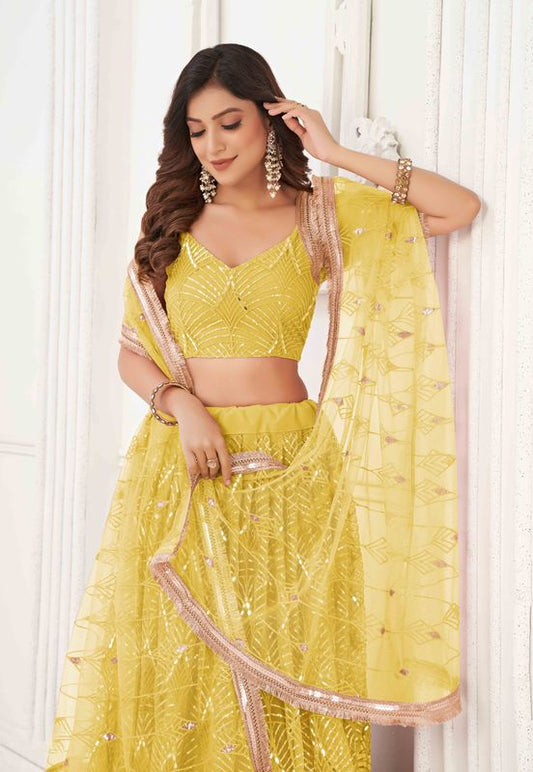 Yellow Color Net Fabric Lehenga Choli With Sequins And Thread Embroidery Work