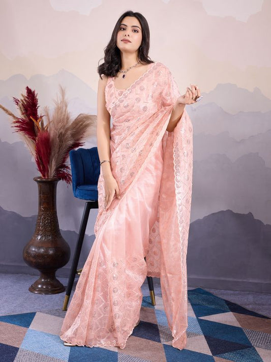 Peach Designer Sequance Embroidery Work Twill Net Saree