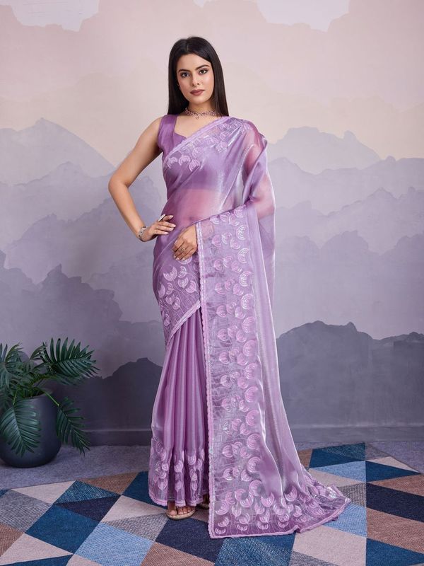 Lavender Thread & Sequance Embroidery Work Jimmi Silk Saree