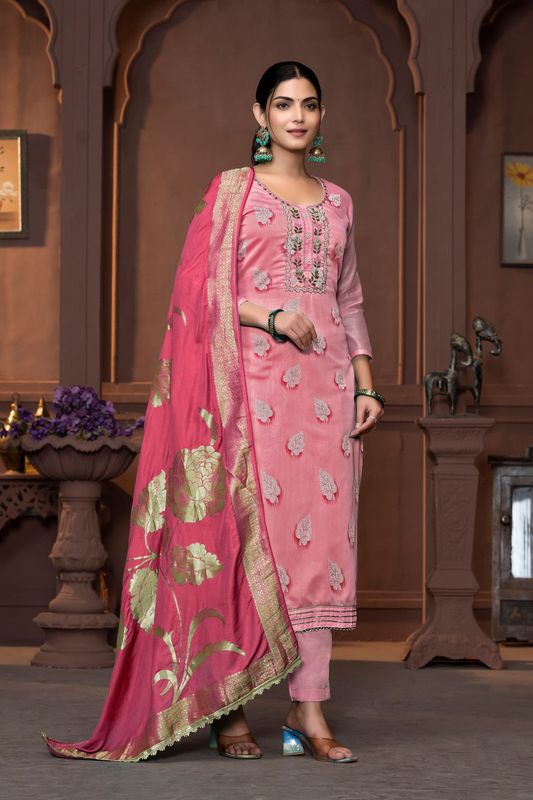 Pink Color Modal  Fabric Wevon Designer With Hand Work For Beautiful Ethnic Looks Designer Wedding Wear