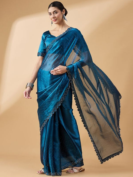 Blue Designer Swarovski & Stone Work Organza Saree