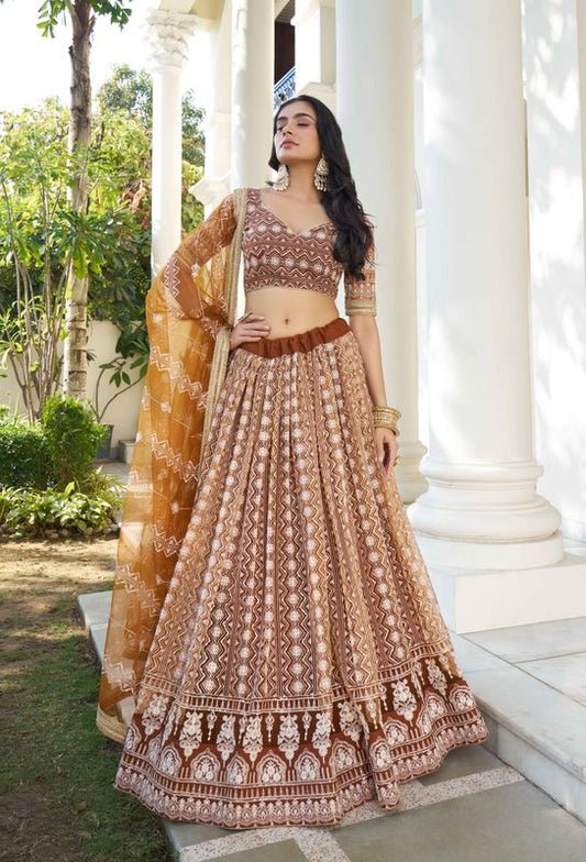 Brown Color Net Fabric Lehenga Choli With Sequins And Thread Embroidery Work