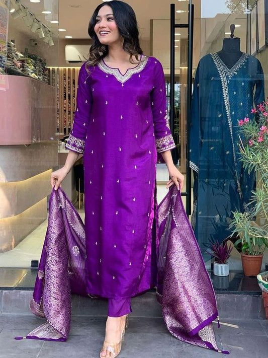 Purple Color Designer Partywear Roman Silk Fabric Embroidered Suit