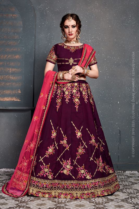 Purple Women's Tafeta Satin Silk Embroidery Lehenga Choli