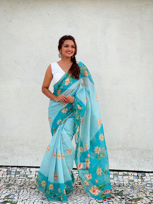 Blue Color Chanderi Cotton Designer Digital Printed Festive Partywear Saree