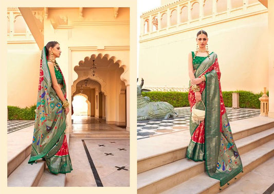 Red & Green Wevon Designer & Printed P V Silk Saree