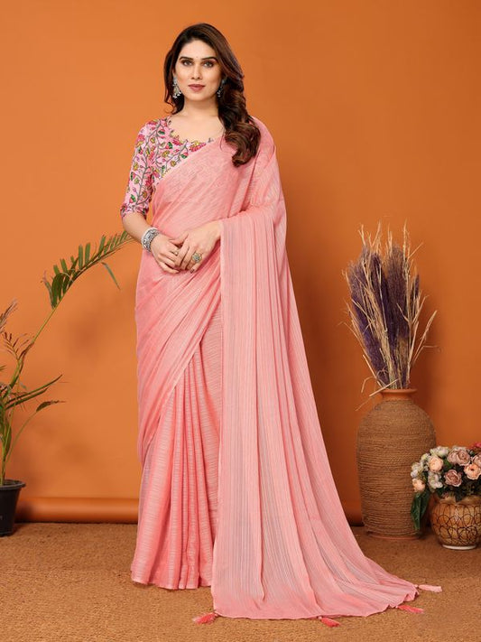 Peach Solid & Digital Printed Blouse Polyester Zari Saree