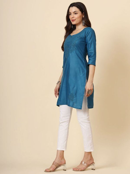 Teal Blue Cotton Thread Embroidery Work Formal Looks Classy Casual Looks Kurta