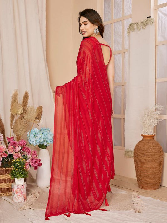 Red Wevon Designer & Swarovski Work Georgette Saree